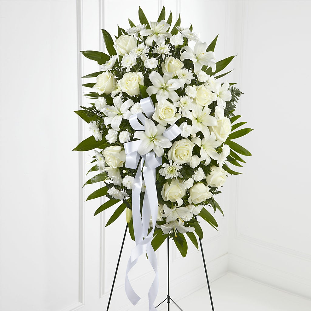 Exquisite Tribute Standing Spray-White Ribbon – GLAMMY'S FLOWER GARDEN, Fayette AL
